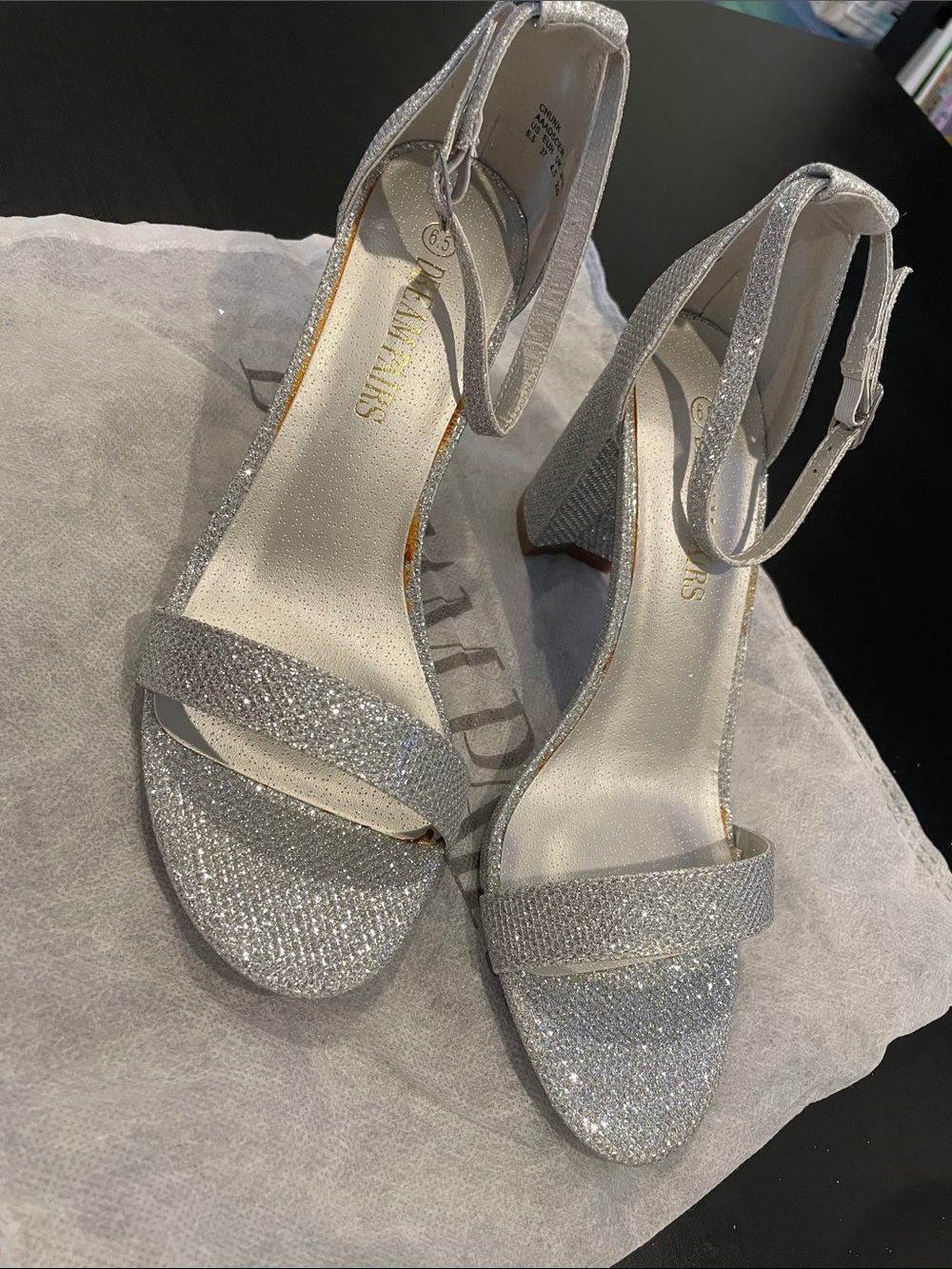 Dream Pairs Silver Glitter Ankle-Strap Block Heels